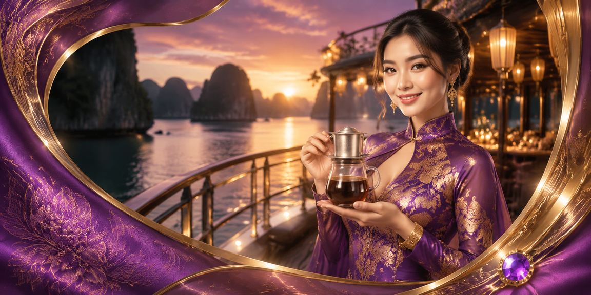 Cảnh vịnh Hạ Long về đêm với ánh đèn neon phản chiếu lên mặt nước, gợi lên không khí cá cược đẳng cấp trong trang phục áo dài
